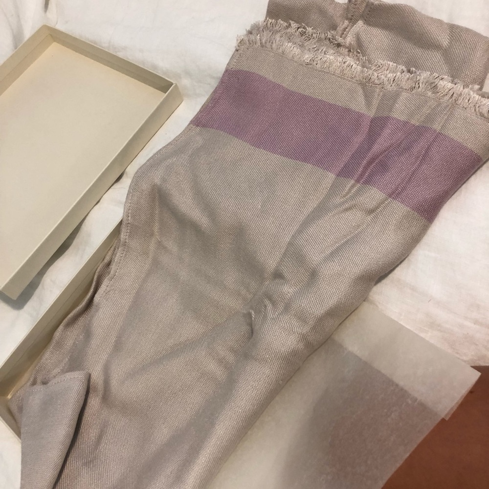 Aerin Lauder tan and purple scarf